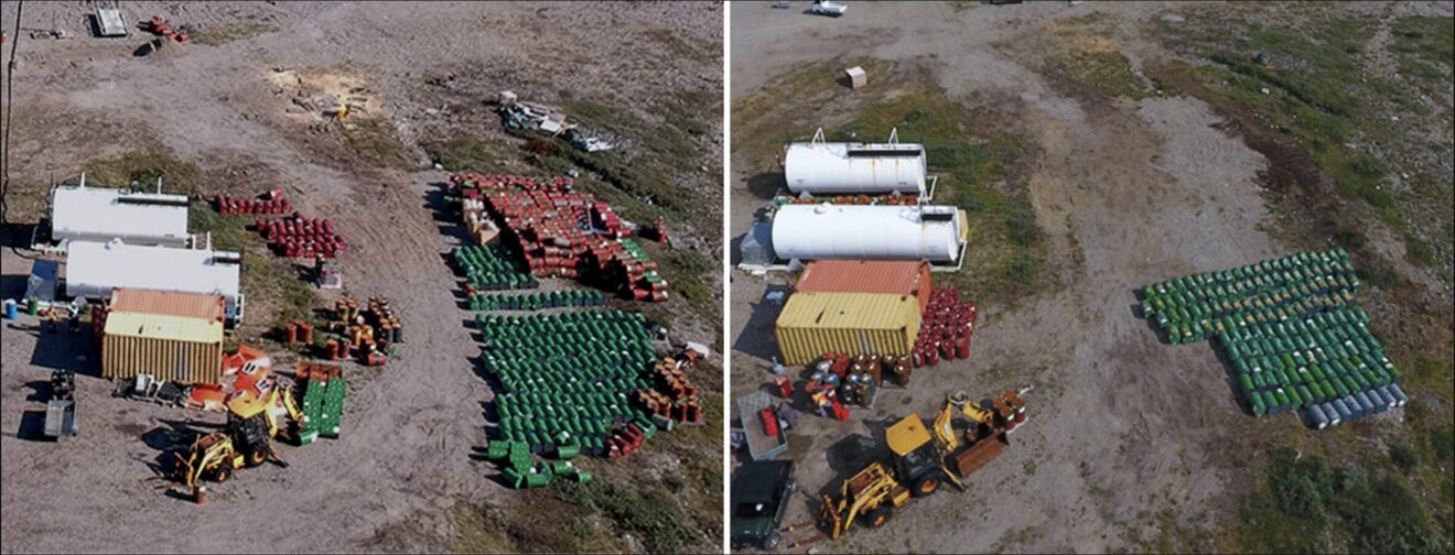 An aerial view of the Torngat Mountains Base Camp and Research Station before and after a cleanup of over 600 used oil drums.